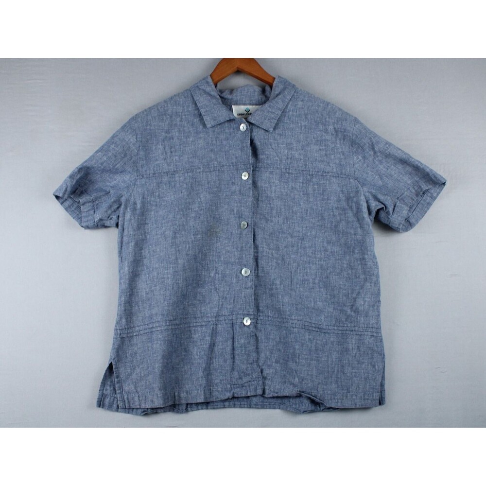 Vintage Erin London Linen Blend Button Up Shirt Size Large Blue Preppy Women
